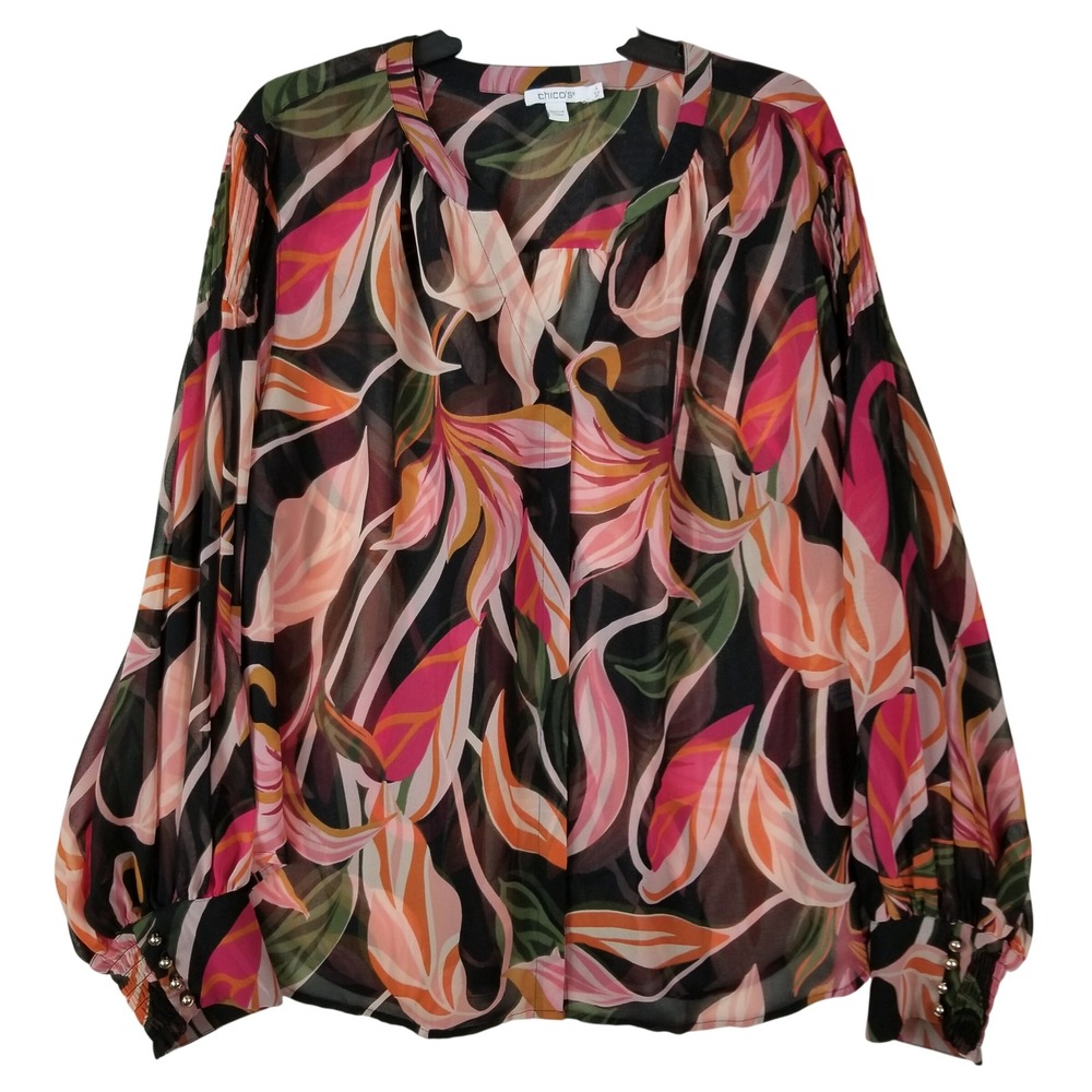 Chico's Sheer Floral Leaf Print Blouse in Black, Pink, Peach, Green, Orange